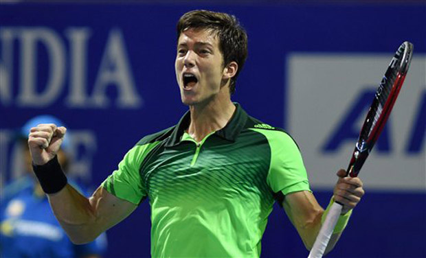 Slovenia tennis player Aljaz Bedene celebrating his win over Feliciano Lopez of Spain during the ATP Chennai Open 2015 at SDAT Tennis Stadium in Chennai on Thursday. (Photo: AP) Slovenia tennis player Aljaz Bedene celebrating his win over Feliciano Lopez of Spain during the ATP Chennai Open 2015 at SDAT Tennis Stadium in Chennai on Thursday. (Photo: AP)